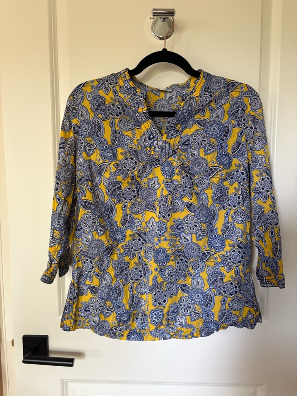 Talbots Yellow and Blue Floral Split-Neck Blouse S Petite